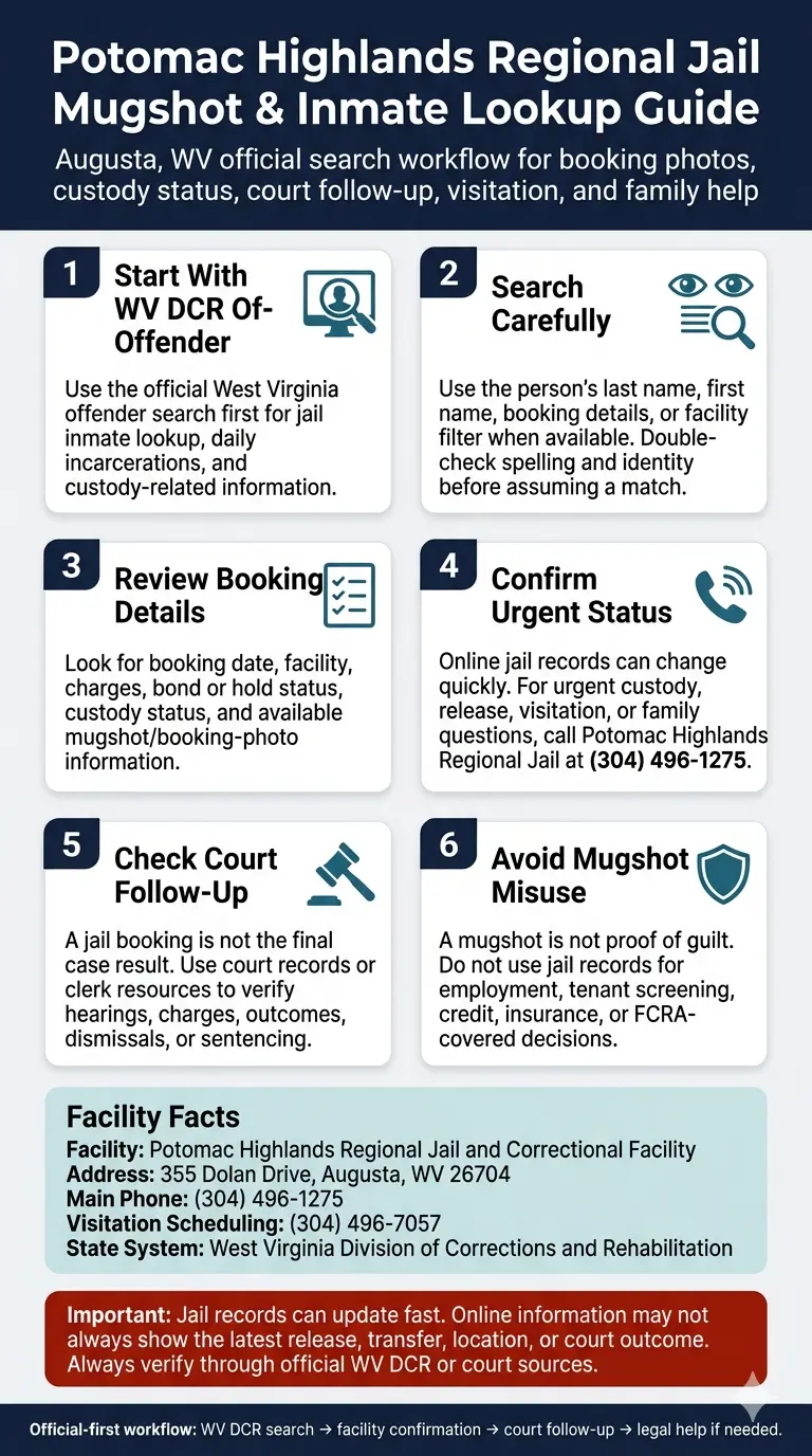 Potomac Highlands Regional Jail mugshot and inmate lookup infographic for Augusta West Virginia