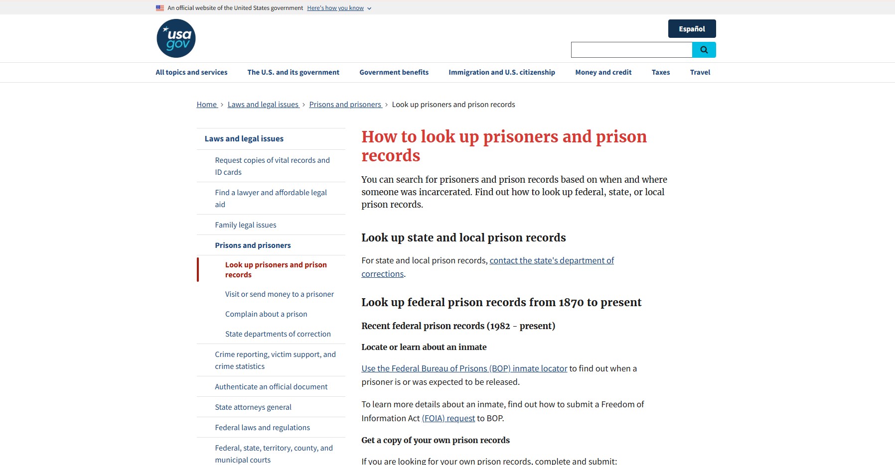 USA.gov prisoner records page showing official guidance for looking up federal, state, and local prison records.